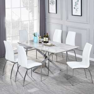 Deltino Magnesia Marble Effect Dining Table 6 Opal White Chairs